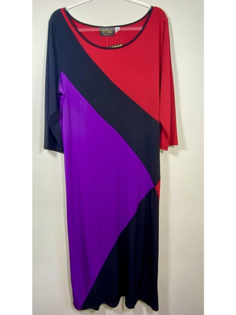 Bob Mackie Size XL Black Red Purple Geometric Color Block Maxi Dress Stretch NEW